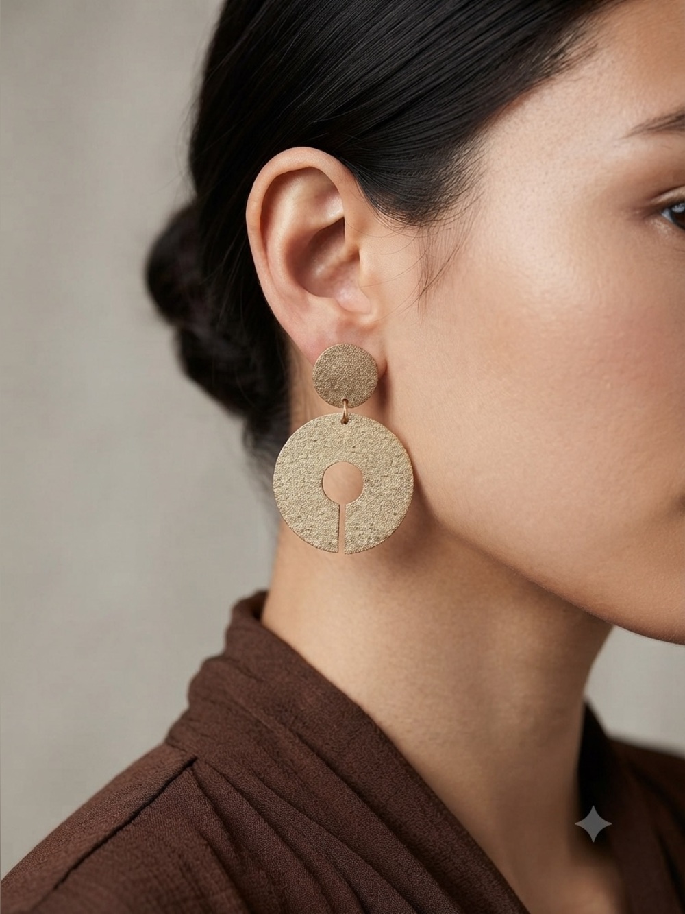 Gold Textured Disc Drop Earrings - Hammered Cutout Statement Drops